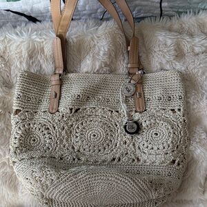 The Sak Crochet Tote in Beige with Tan Straps